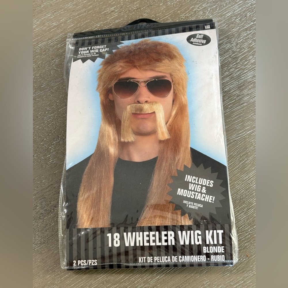 Blonde 18 wheeler wig and moustache kit costume accessory